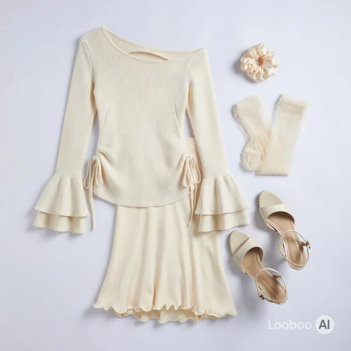 Cream Off-Shoulder Knit Top & Midi Skirt Set