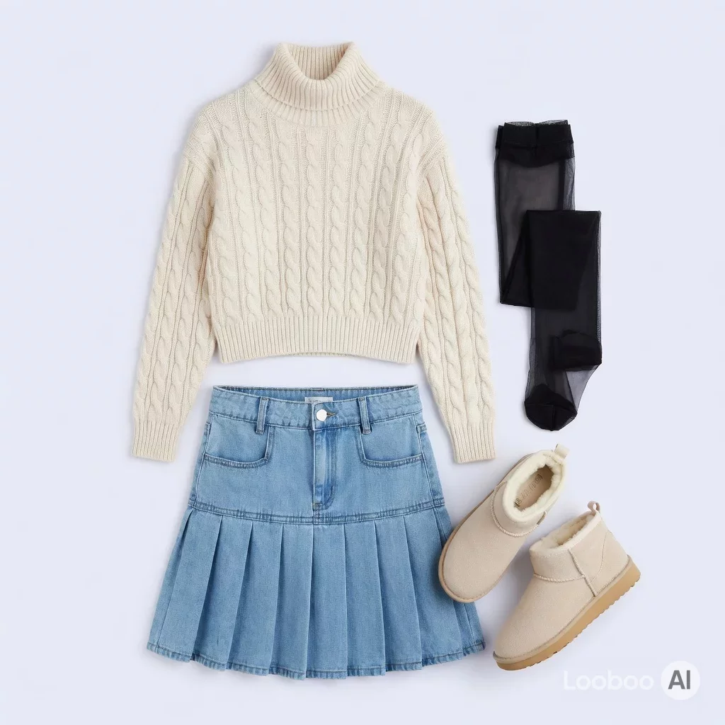 Creamy Coquette Knit & Pleated Denim ❄️🎀
