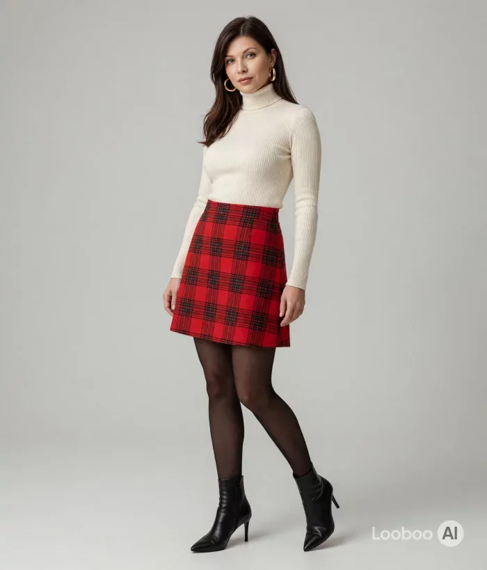 Cream Turtleneck with Red Plaid Mini Skirt 40