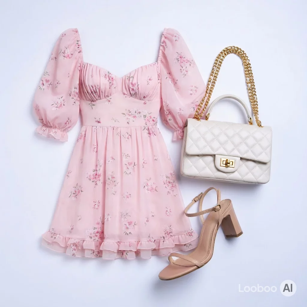 Romantic Pastel Floral Mini Dress Outfit 100