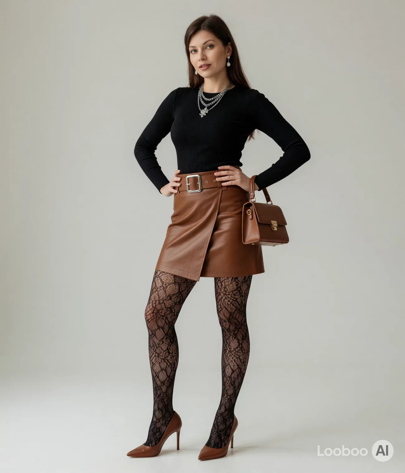 Black Ribbed Top with Brown Leather Mini Skirt 50