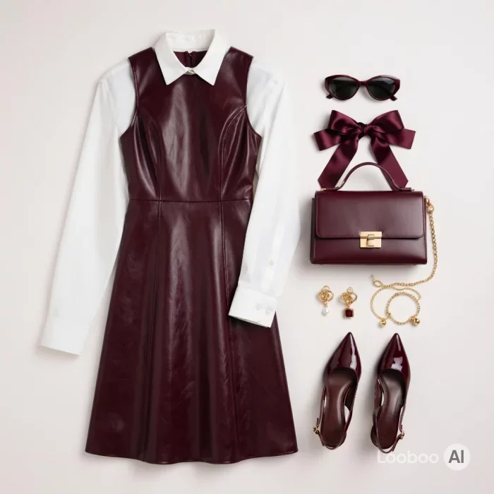 Romantic Burgundy Leather Dress Layered Look