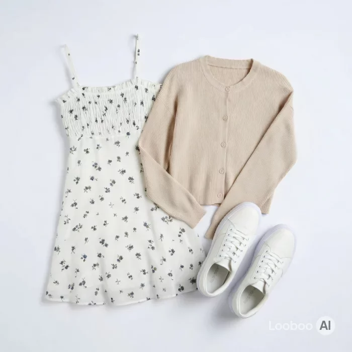 Floral Mini Dress with Beige Cardigan