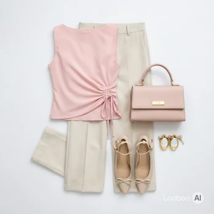 Top avvolgente rosa blush con pantaloni a gamba larga crema