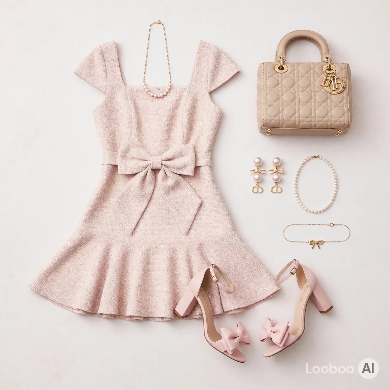 Vestido Coquette de Tweed Rosa Romântico com Laço