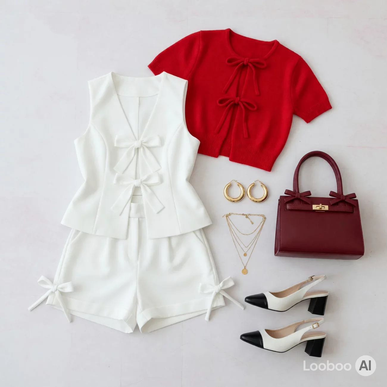 Bow-Detail White Set with Red Knit Accent