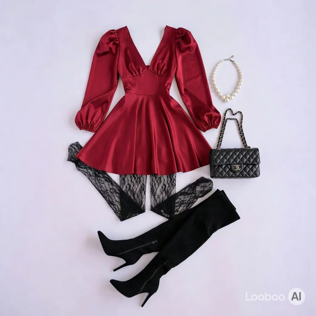 Burgundy Satin Mini Dress Evening Look 60
