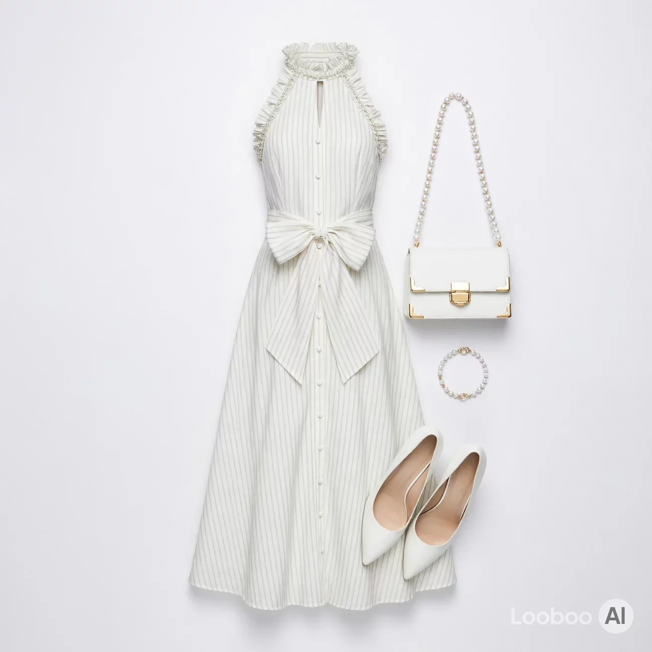 Romantic Striped Halter Midi Dress with Pearl Bow Accents