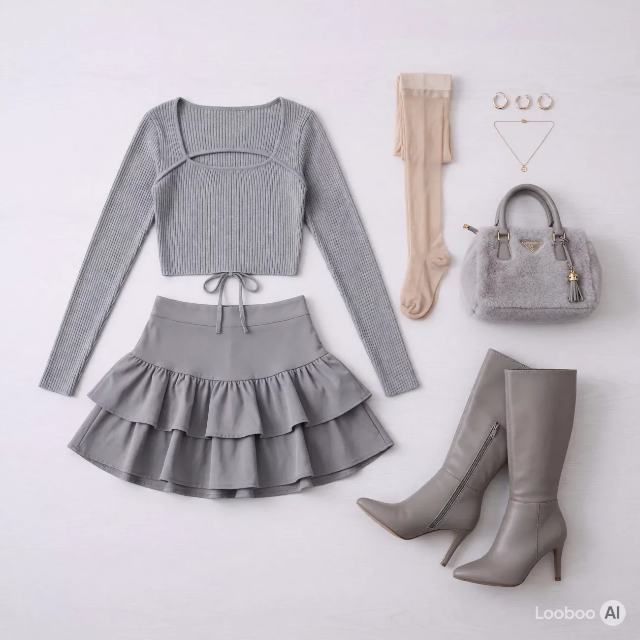 Gray Monochrome Cutout Top and Ruffle Skirt Outfit