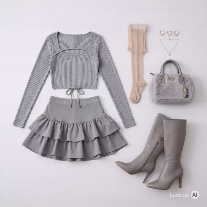 Gray Monochrome Cutout Top and Ruffle Skirt Outfit