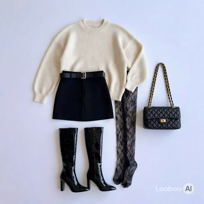 Cream Knit Sweater with Black Mini Skirt