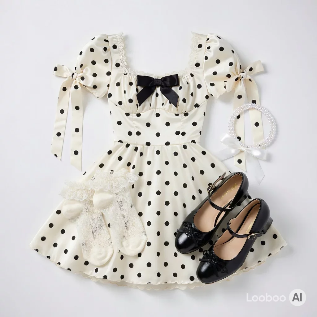 Vestido mini coquette de lunares crema