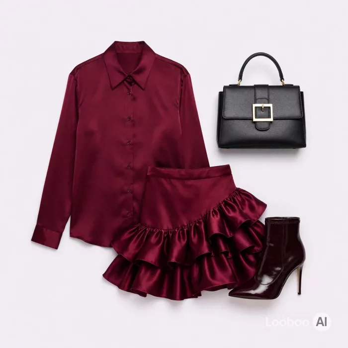 Romantic Burgundy Satin Ruffle Look