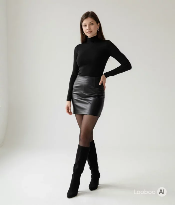 올블랙 터틀넥 레더 미니스커트 룩 80