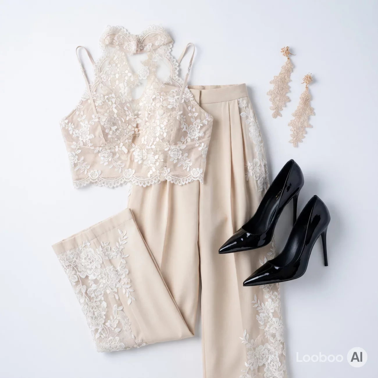 Romantic Beige Lace Two-Piece Ensemble