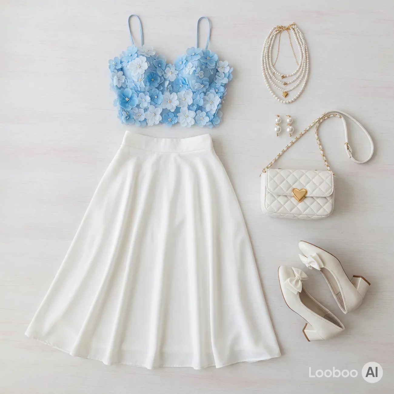 Conjunto Romântico Floral Azul Claro de Duas Peças