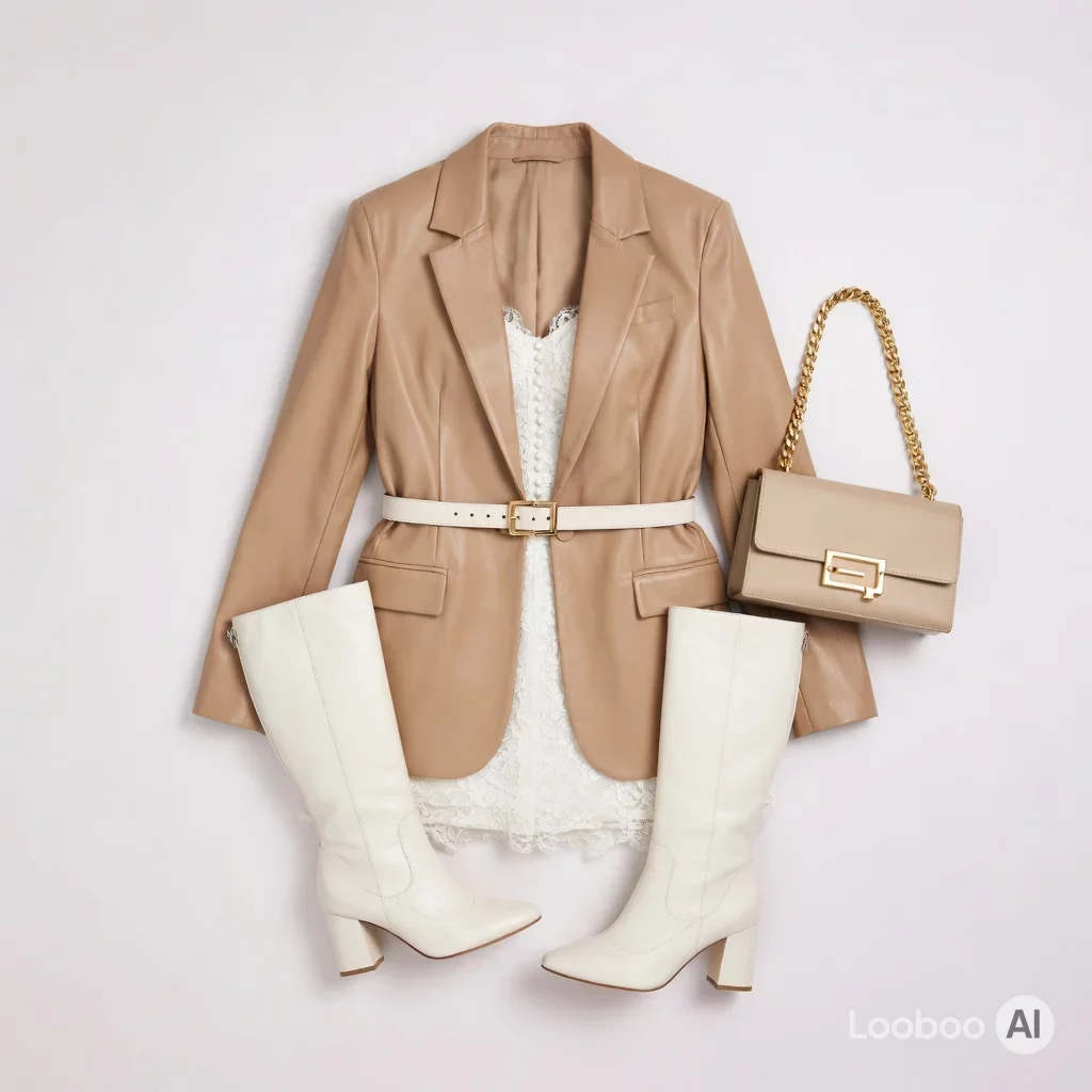 Camel Leather Blazer with White Lace Dress