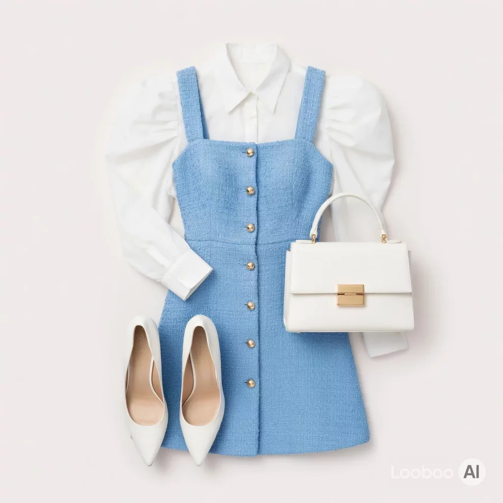Mini vestido de tweed azul cielo sobre blusa blanca