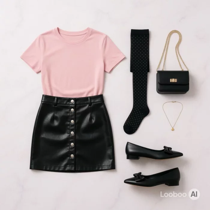 Clean Girl Pink Tee and Leather Mini Skirt