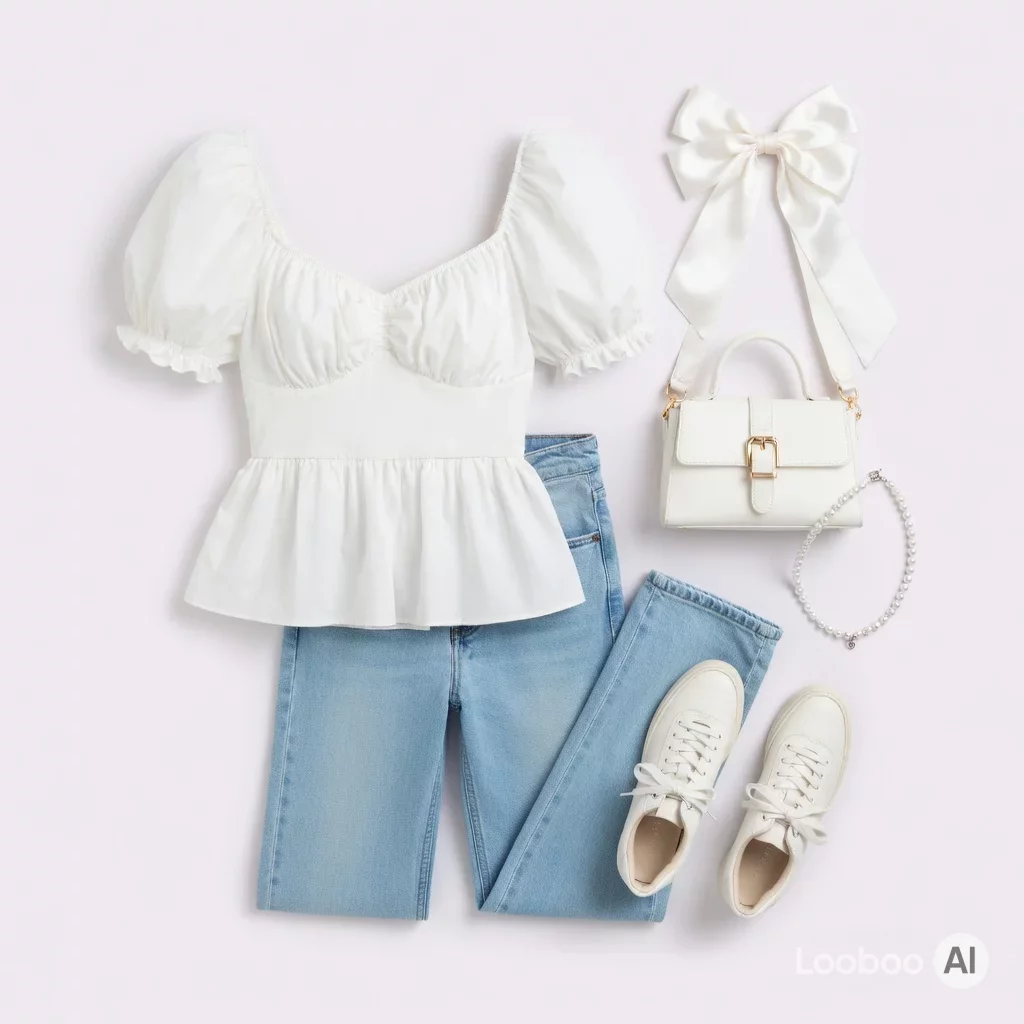 Soft Girl White Puff Sleeve Crop Top with Light Wash Jeans