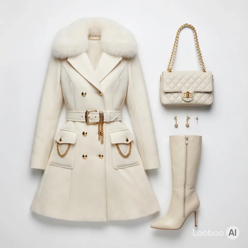 Creamed Quiet Luxury: Fur-Collared Belted Coat Ensemble