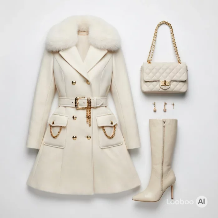 Lusso Silenzioso Crema: Ensemble di Cappotto con Collo di Pelliccia e Cintura