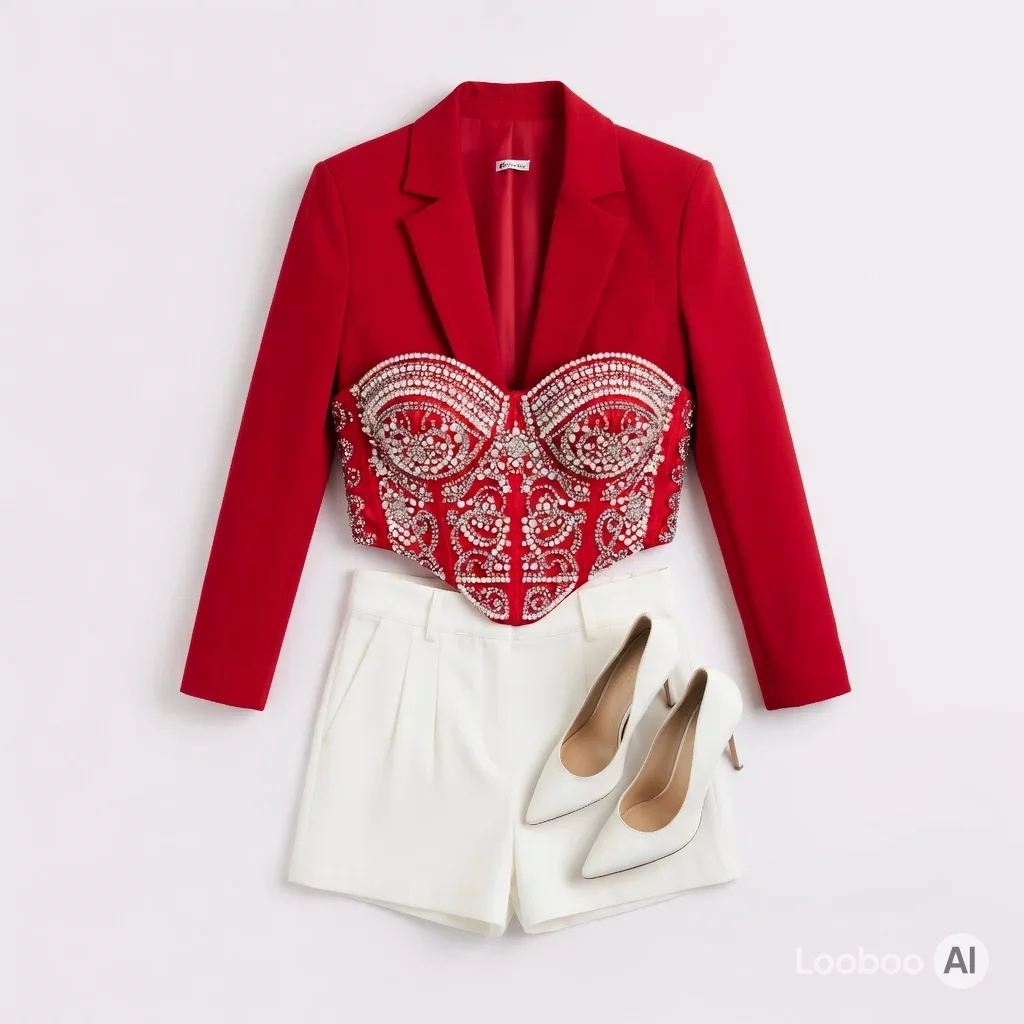 Crimson Pearl Romance: Cropped Blazer & Heart Bustier
