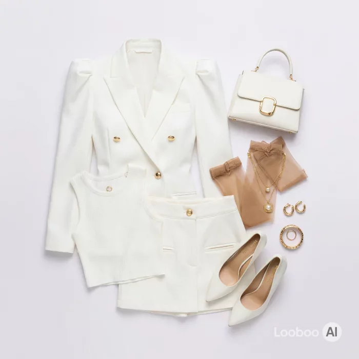 Pristine White Blazer Skirt Ensemble with Gold Accents