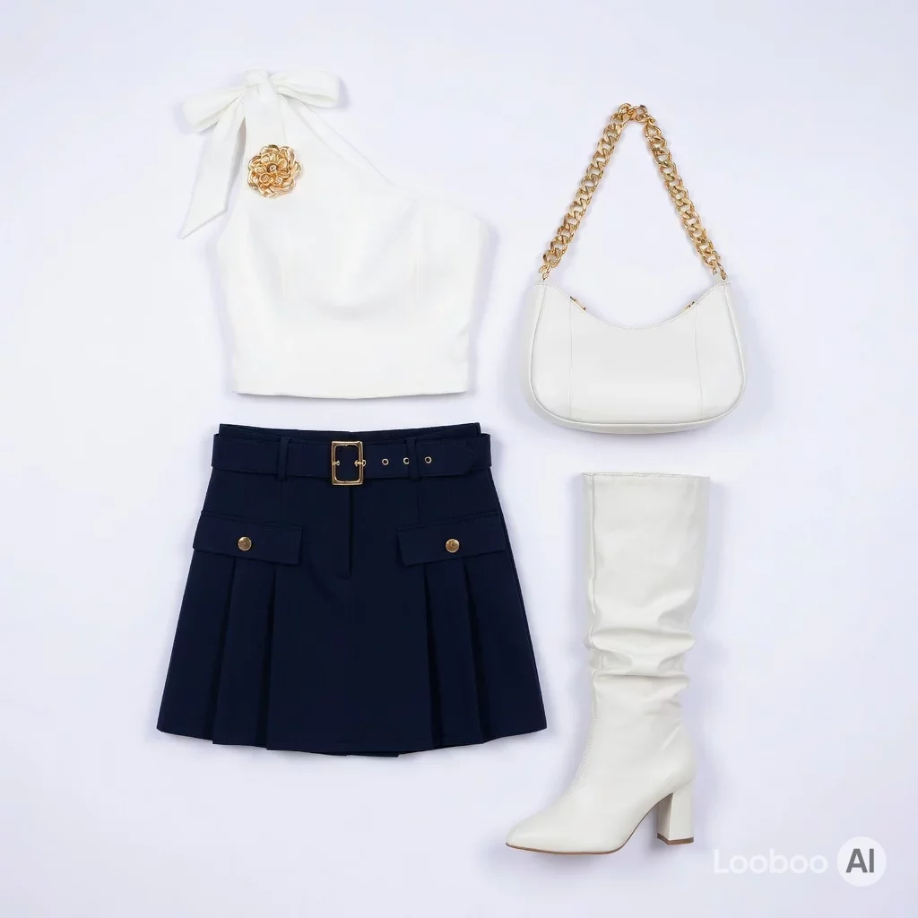 Conjunto Sofisticado de Top Branco de Um Ombro e Saia Mini Marinha