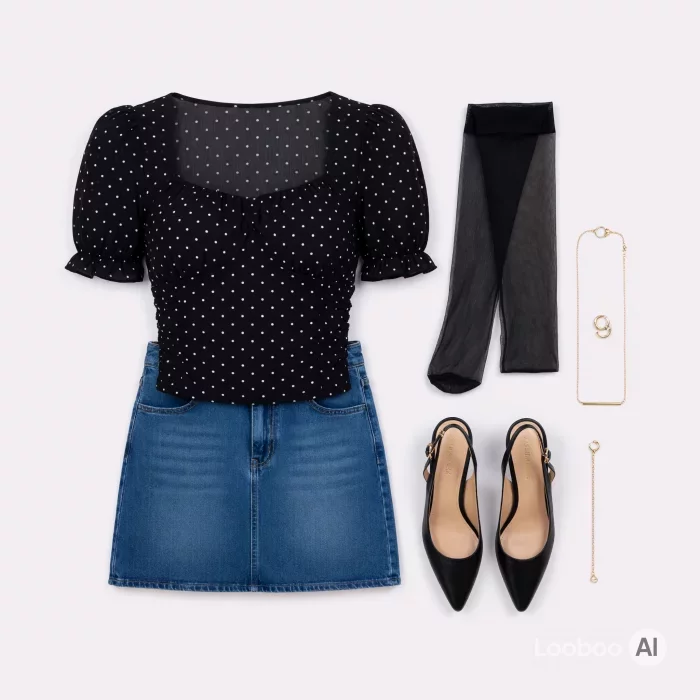 Polka Dot Top and Denim Skirt