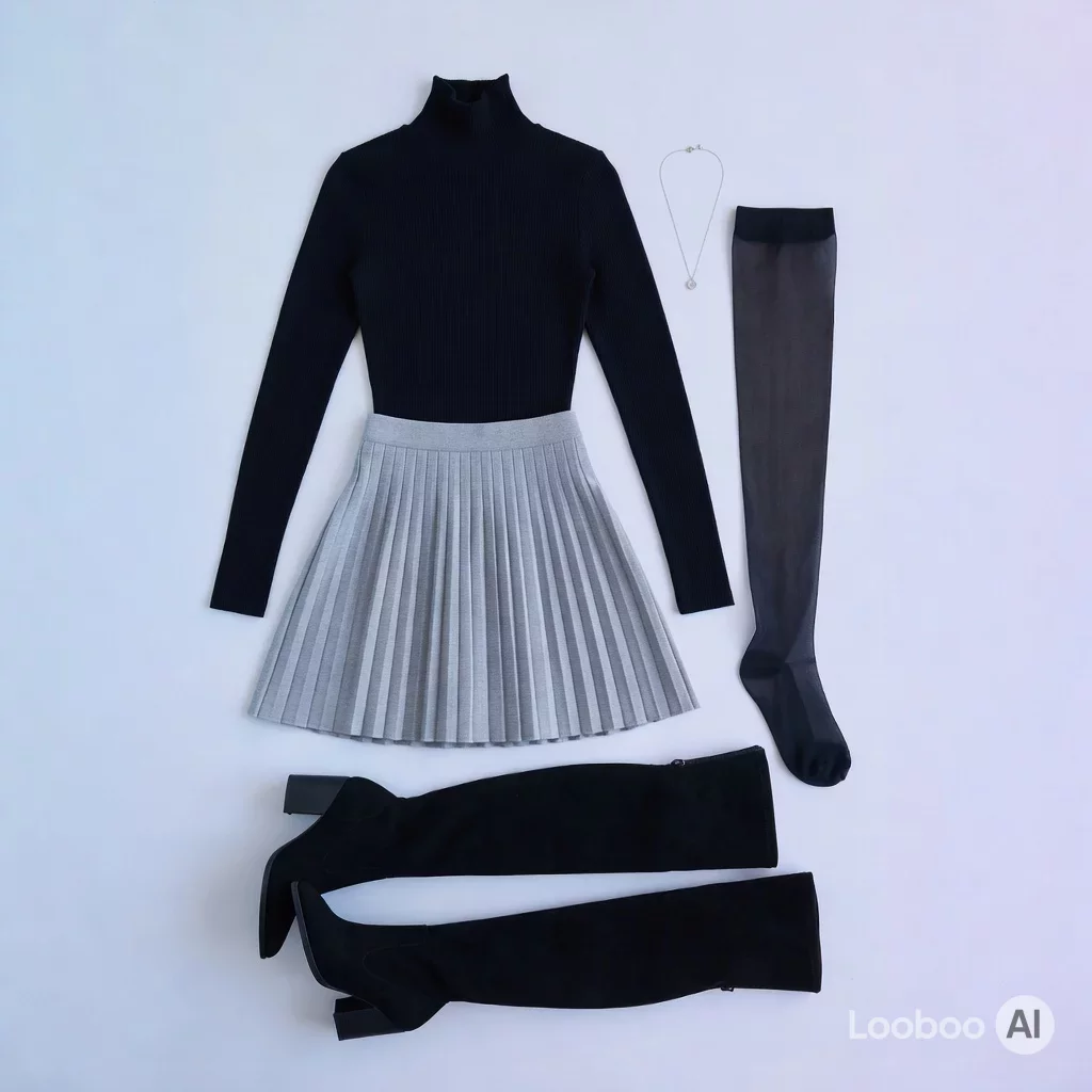 Suéter preto de gola alta com saia mini plissada cinza
