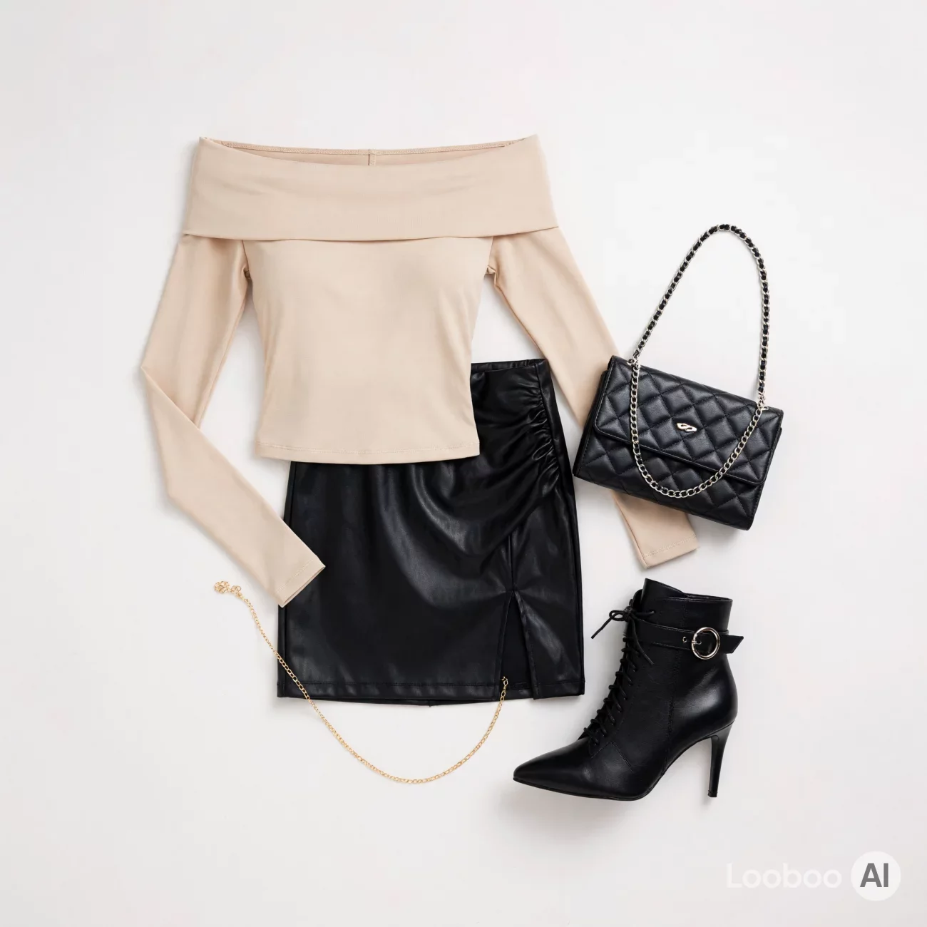Beige Off-Shoulder Top with Black Leather Mini Skirt