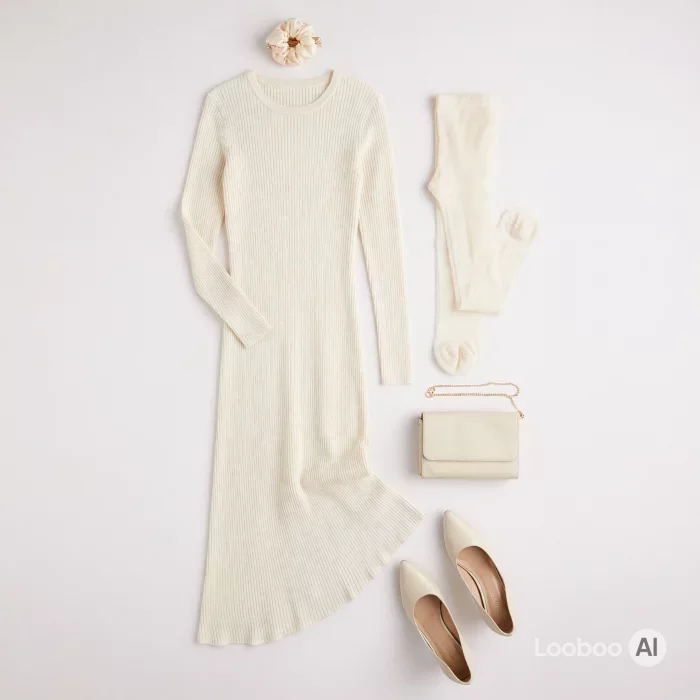 Cream Ribbed Knit Midi Dress