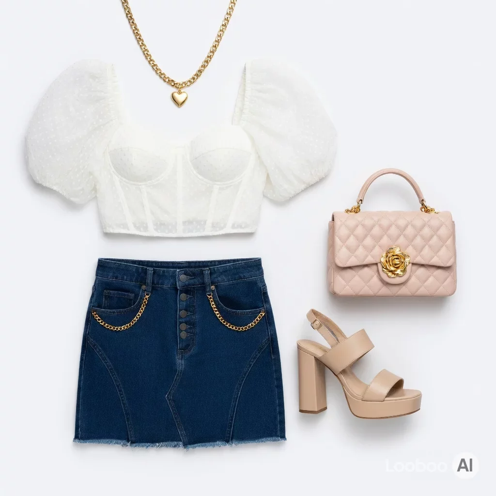 Blusa transparente de bolinhas com mangas bufantes e minissaia de denim