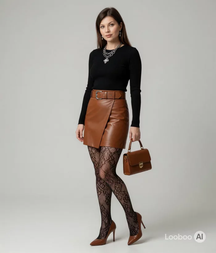 Black Ribbed Top with Brown Leather Mini Skirt 30