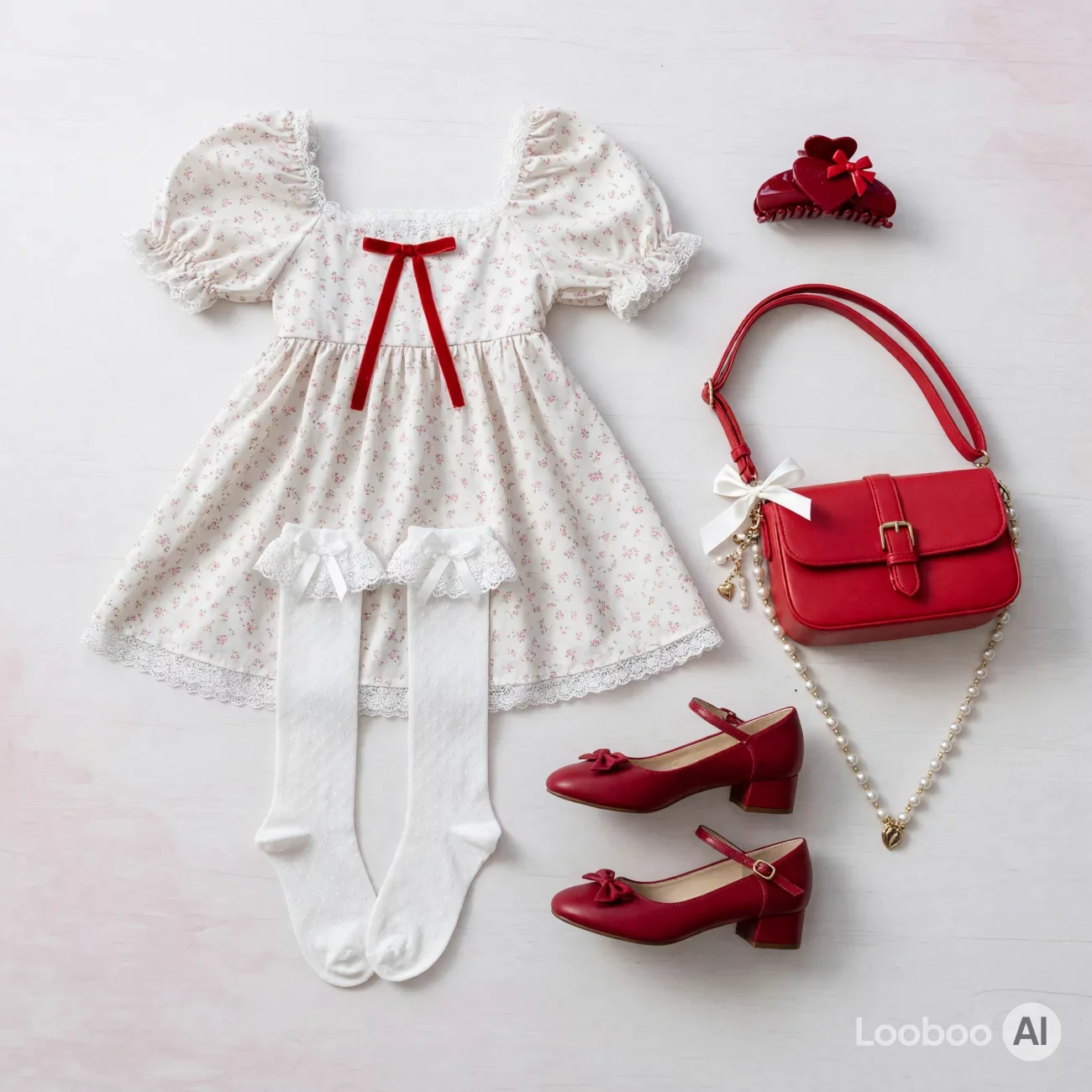 Romantic Floral Coquette Mini Dress with Red Accents