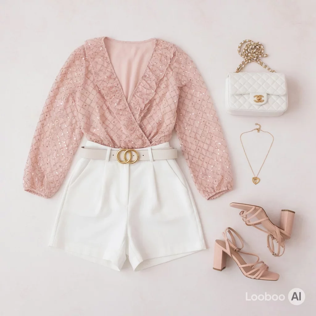 Blush Sequin Romance with Crisp White Shorts ✨