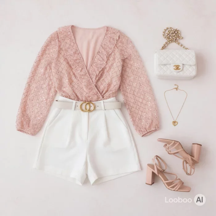 Blush Sequin Romance with Crisp White Shorts ✨