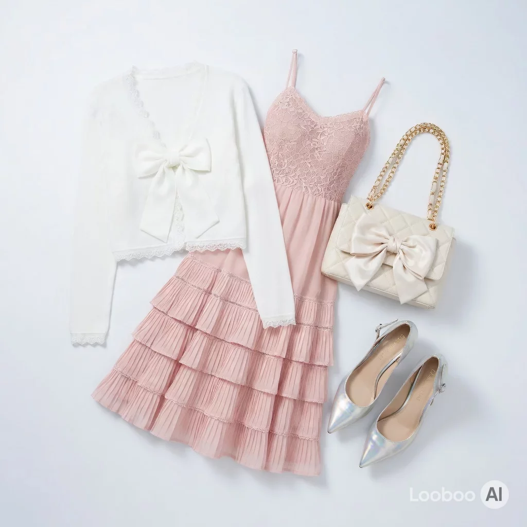 Romantic Pink Lace Dress with Bow-Tied Cardigan