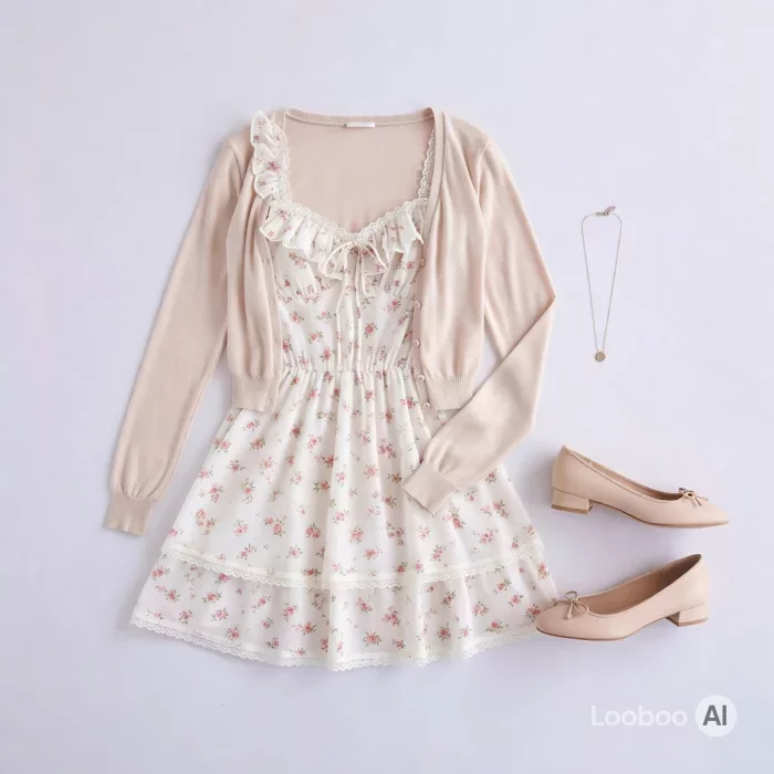 Coquette Floral Mini Dress with Beige Cardigan