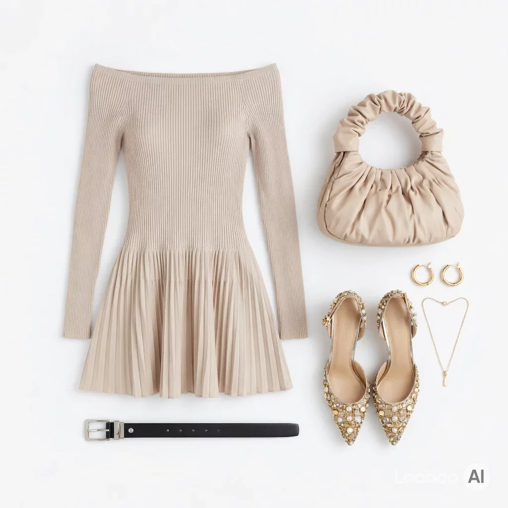 Beiges Strickminikleid mit Goldakzenten 10