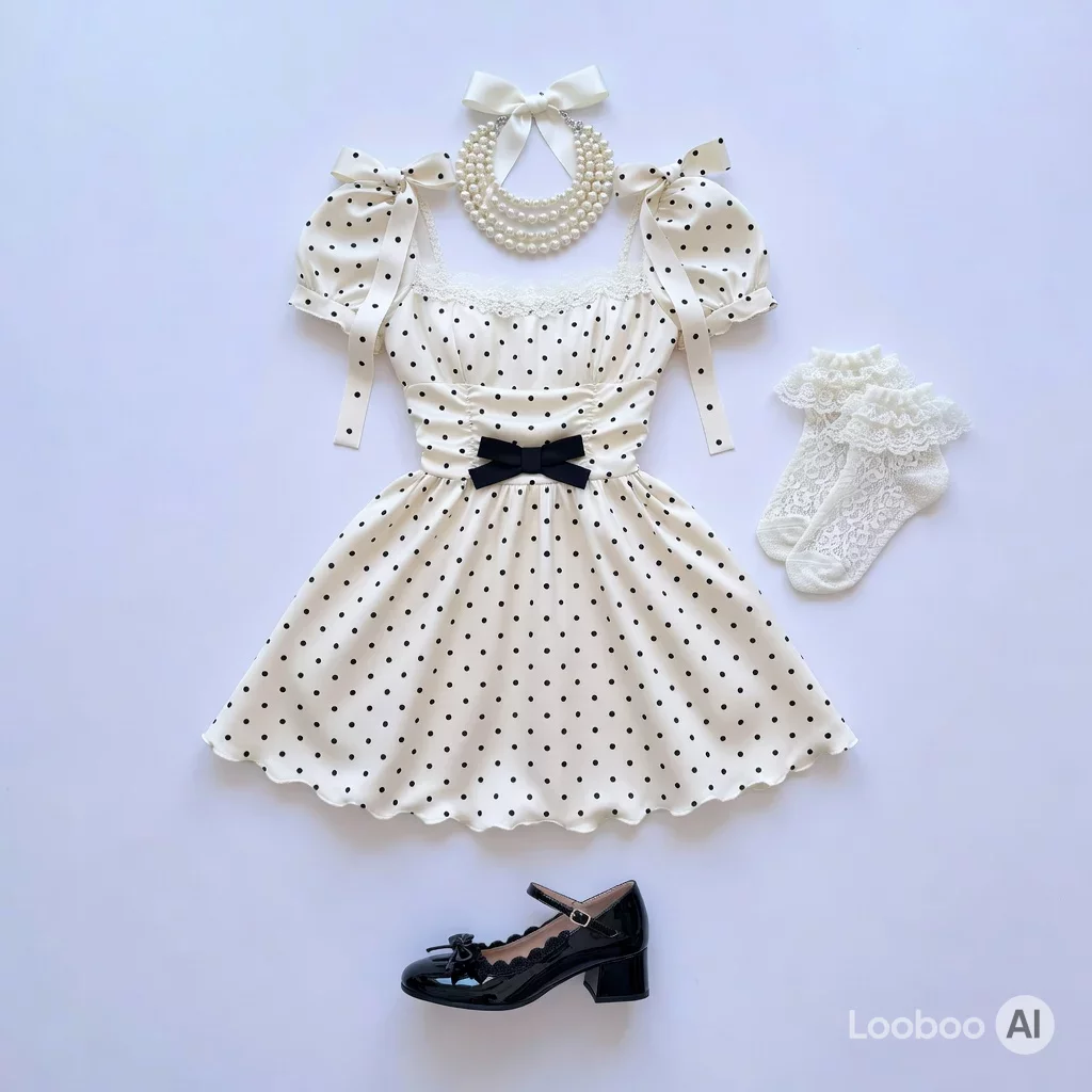 Vestido mini coquette de lunares crema 30