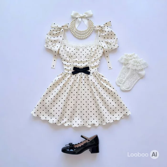 Vestido mini coquette de lunares crema 30