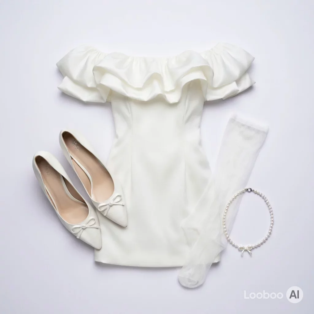 White Off-Shoulder Ruffle Mini Dress with Heels