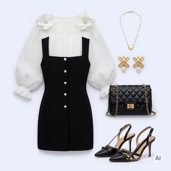 Black Mini Dress with White Floral Blouse