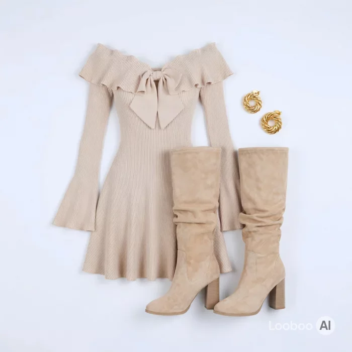 Beige Ribbed Knit Off-Shoulder Mini Dress Outfit