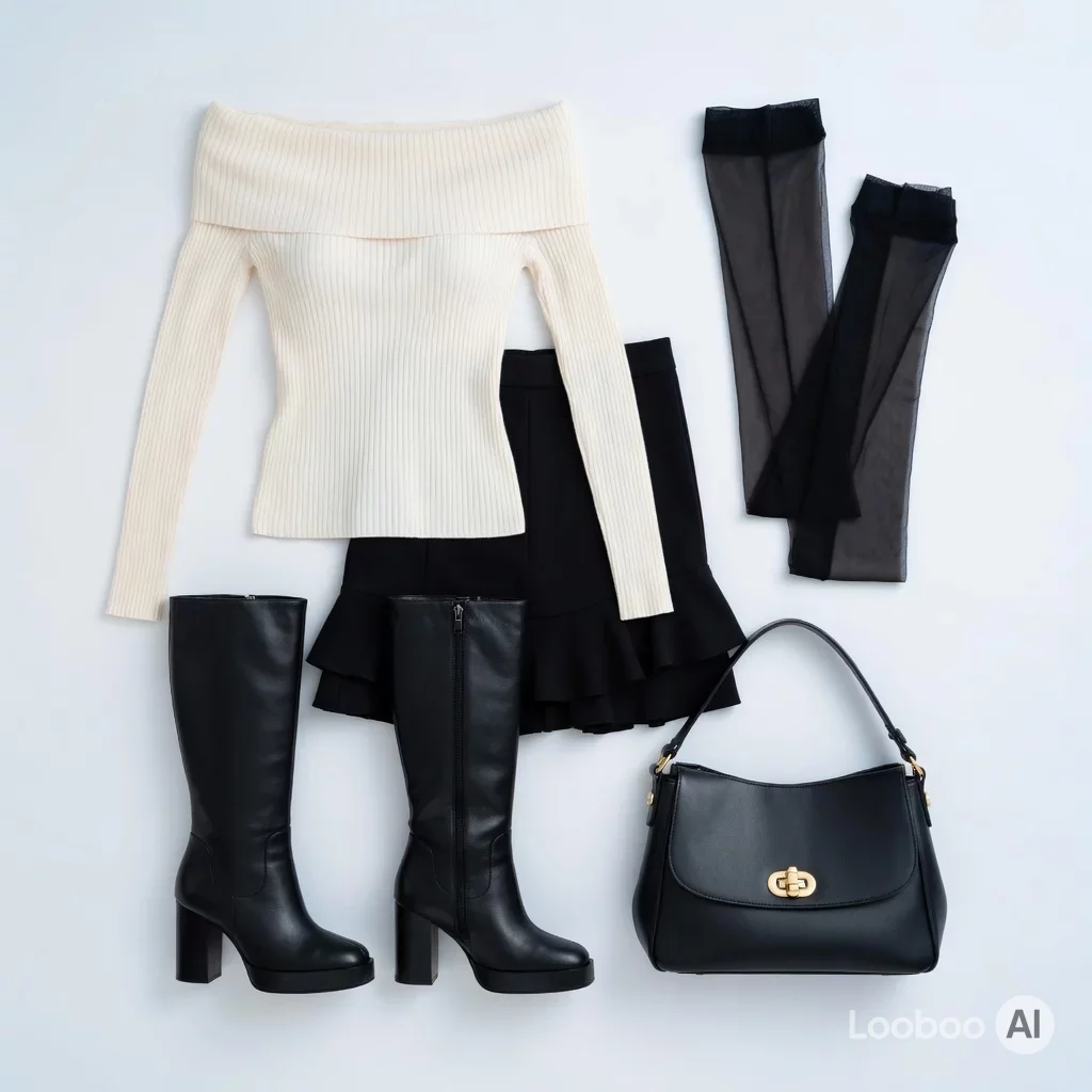Off-Shoulder Strickpullover mit schwarzem Minirock 70
