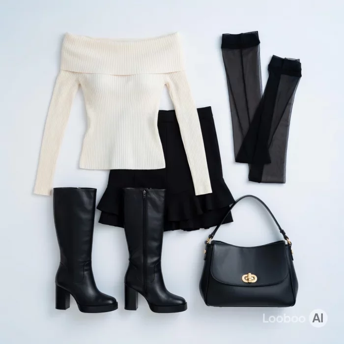 Off-Shoulder Strickpullover mit schwarzem Minirock 70
