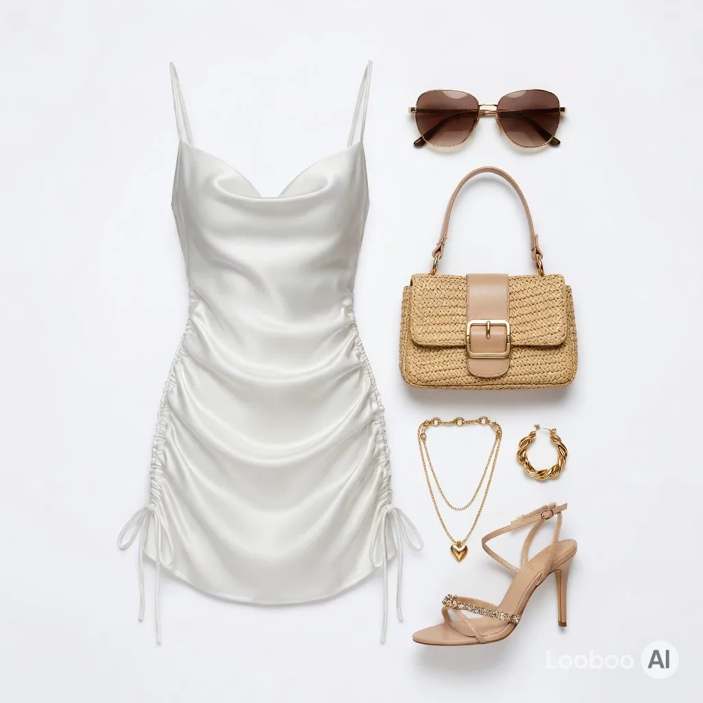 Dreamy White Satin Ruched Coquette Dress 🌸