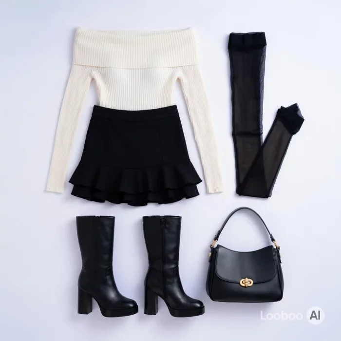 Off-Shoulder Knit Sweater with Black Mini Skirt
